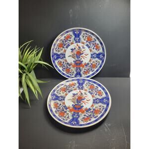 2 Vintage UCGC Imari Plates Cobalt Blue Rust Flowers Vase Gold & Blue Leaves 10”